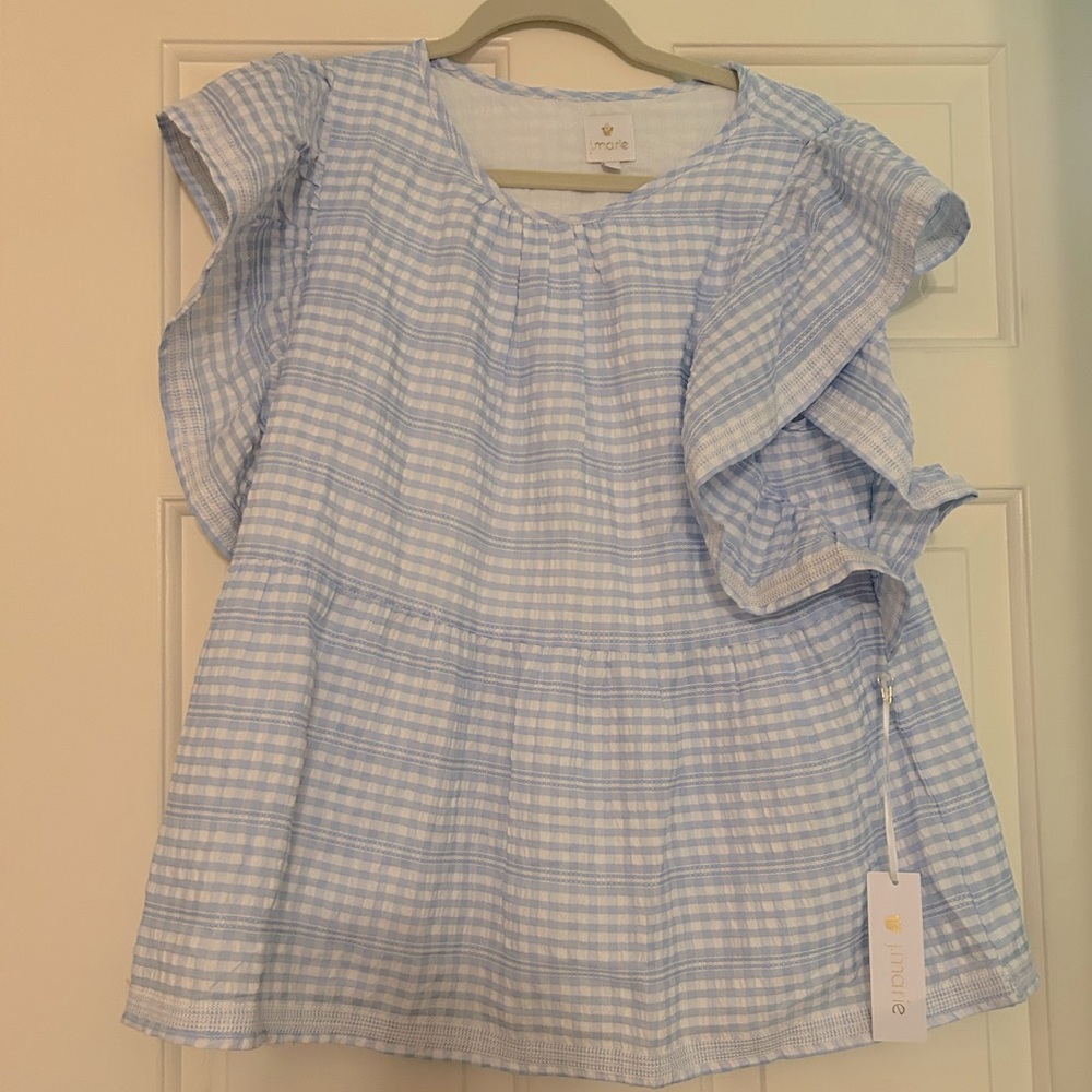 J. Marie Blue and White Gingham Striped Top NWT Large